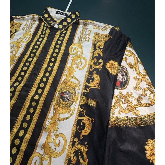 Versace-style Baroque Black and Gold Men's Dress Shirt - Picture 5 of 12